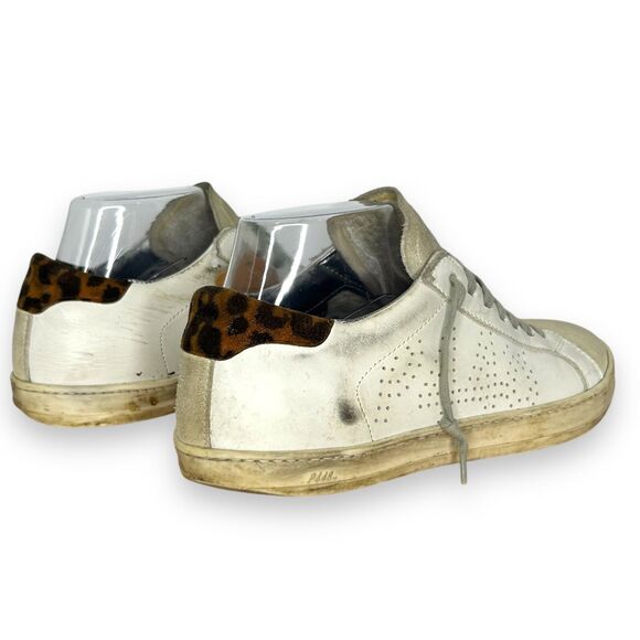 P448 John Sneakers White Leather Leopard Lace Up Sz 37 Womens 7 US Distressed - Picture 2 of 7